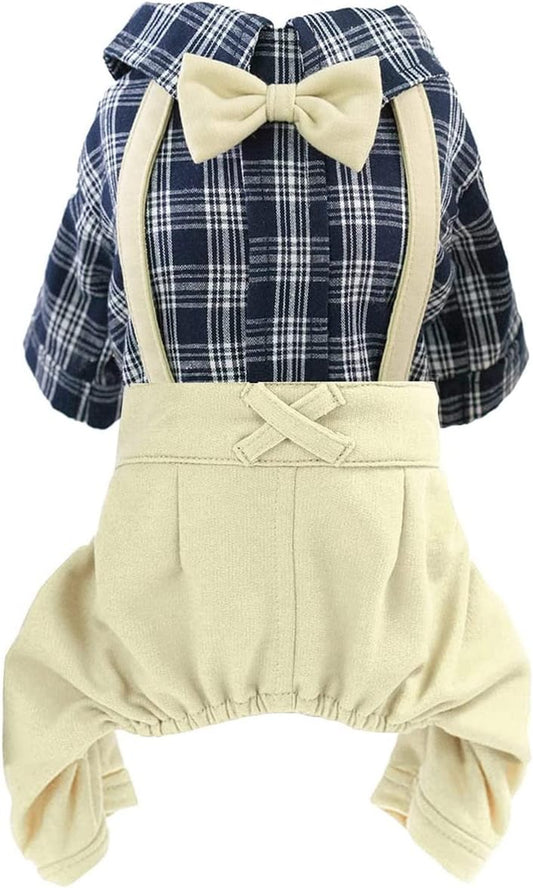 Pet Clothes Dog Shirts Classic Plaid Striped Overall Jumpsuit, Gentle Puppy Wedding Birthday Western Onesies Apparel, Fashion Daily Outfit with Bowtie for Dogs and Cats (Small, Khaki)